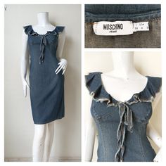 Info :- Y2K Moschino vintage dress zip closure at the side, cute collar knee length depends on human height, size 8uk (fabric is not stretchy so this dress for really small or extra small lady). 🌷Sleeveless 🌷 Dress is made of Cotton fabric. 🌷 Brand : MOSCHINO  🌷 size on tag I 38 / USA 4 / F 34 / GB 8 / D34 🌷 In excellent condition. Measurement :- 👗 Bust : 34 inches 👗 waist : 26 inches 👗 Hip : 36 inches  👗 Length : 37 inches  Shipping: US$ 15 Shipment:  All items are shipped to you regis Fitted Knee-length Denim Dress With Ruffles, Knee-length Ruffled Denim Dress, Vintage Mini Length Denim Dress, Vintage Fitted Denim Dress, Fitted Vintage Denim Dress, Fitted Vintage Midi Denim Dress, Fitted Vintage Midi Length Denim Dress, Retro Fitted Cotton Denim Dress, Fitted Retro Cotton Denim Dress