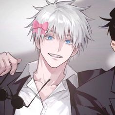 two anime guys with white hair and blue eyes, one wearing a pink bow tie