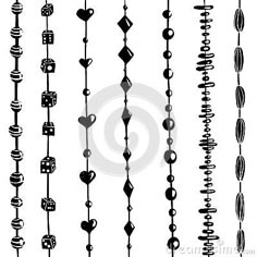 black and white silhouettes of different chains with hearts, arrows and other symbols on them