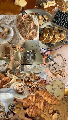 an assortment of pastries and desserts are arranged in collage to form a collage