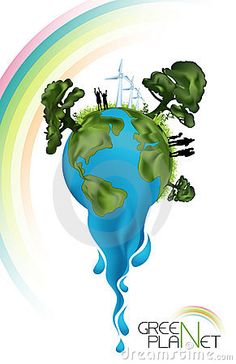 an image of the earth with trees on it and water dripping from its bottom, in front of a rainbow