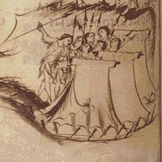 a drawing of a boat with people in it