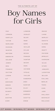 the ultimate list of boy names for girls in black and white on a pink background