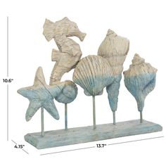 an image of seashells and starfish on sticks with measurements for each piece