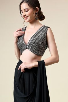 Black pre-draped saree with cascading center. Paired with a black and grey blouse with sequins, cutdana embroidery. - Aza Fashions Cutdana Embroidery, Draped Saree, Drape Saree, Grey Blouse, Blouse For Women, Embroidered Blouse, Aza Fashion, Blouses For Women, Black And Grey