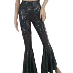 High Waisted Bell Bottoms Shiny Iridescent And Holographic Four Way Stretch Lycra Spandex. Full Circle Bells Look Great On The Dance Floor Legging Have A 32 Inch Inseam And A 11 Inch Rise. Metallic Disco Bottoms For Spring, Metallic Flare Pants For Party, Multicolor Stretch Bottoms For Night Out, Stretch Multicolor Party Pants, Metallic Flare Bottoms For Night Out, Stretch Multicolor Pants For Party, Multicolor Stretch Pants For Party, Glamorous Metallic Flare Bottoms, Disco Flare Pants For Party Season