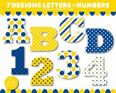 the letters and numbers are made up of polka dot dots, stripes, and circles