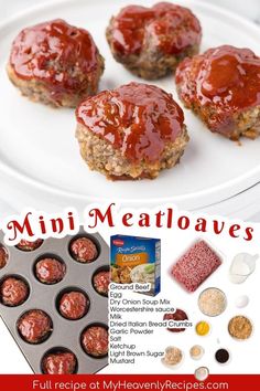 mini meatloafs with ketchup and other ingredients on a white plate