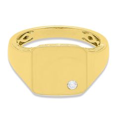 This men’s signet ring possesses worldly sophistication in 10K yellow gold. With a wide tapered band, a square face features a single round brilliant cut diamond accent. The time-honored design is a modern must-have for defining set-apart style. Men's Luxury Signet Ring With Vs Clarity, Modern Gold Signet Ring With Single Diamond, Gold Diamond Signet Ring With Tension Setting, Classic Yellow Gold Signet Ring With Tension Setting, Classic Initial Ring With Diamond Accents For Formal Occasions, Classic Yellow Gold Signet Ring With Single Diamond, Modern Diamond Signet Ring Stamped 14k, Classic Initial Ring With Single Diamond For Formal Occasions, Gold Diamond Ring With Rectangular Shape