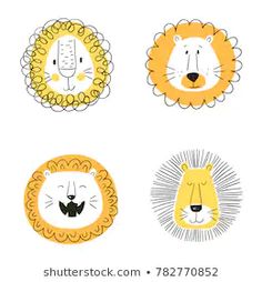 four cartoon lion faces with different facial expressions on white background stock photo, images and royalty