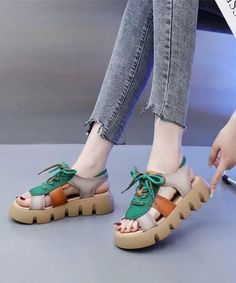 Colorblock Peep Toe Lace Up Splicing Casual Platform SandalsMade of:-Faux Leather Upper.-Rubber sole- cushioned insole.1.96"/5cm Platform Heel Matching Skirts, Faux Leather Coat, Linen Tshirts, Slip On Mules, Platform Heel, Matches Fashion, Sandals For Sale, Mixed Colors, Thick Heels