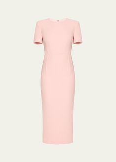 Luxury Pink Midi Dress, Luxury Formal Dress With Straight Neckline, Designer Knee-length Formal Dresses, Designer Knee-length Dresses For Formal Occasions, Designer Fitted Short Sleeve Dresses, Designer Short Sleeve Formal Dresses, Luxury Fitted Dress With Straight Neckline, Luxury Midi-length Dress With Fitted Bodice, Luxury Straight Neckline Evening Dress