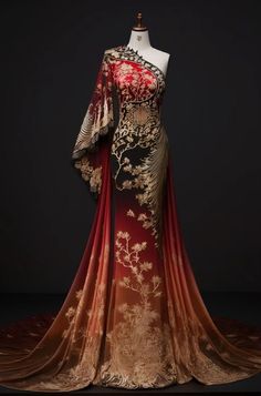 Fire Themed Dress, Phoenix Dress Gowns, Dragon Dress Fantasy Gowns, Dress Fantasy Art, Red Fantasy Dress, Dress Trends 2023, Wedding Dresses Timeless, Neckline Styles, Phoenix Dress