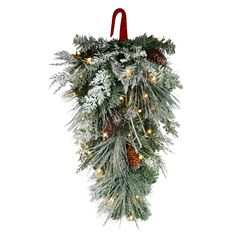 a christmas wreath with pine cones and lights hanging from the front, on a white background