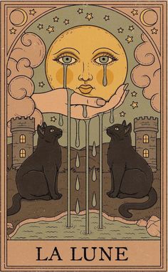 a tarot card with two cats sitting in front of the sun and water dripping from it