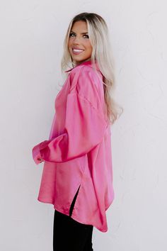 – Simple and stunning for a sweet night out – Lightweight, soft textured material – V-cut, collared neckline – Long, loose sleeves with button closure cuffs – Relaxed, flattering silhouette that ends in a straight upper-thigh hemline Sweet Night, Loose Sleeves, V Cut, V Cuts, Soft Textures, Hip Length, Distressed Jeans, Hot Pink, Night Out