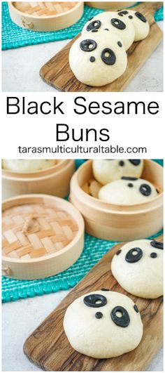 Black Sesame Buns on a wooden board with more in a bamboo steamer. Black Sesame Muffins, Black Sesame Buns, Black Sesame Croissant, Black Sesame Bread, Sesame Buns, Black Sesame Powder, Asian Sides, Black Sesame Paste, Strawberry Candy