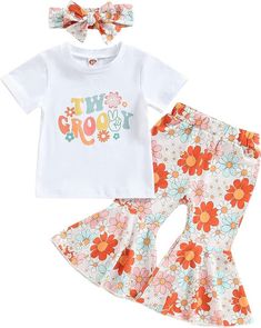 Boho Baby Girl Clothes, Girl Birthday Outfit, Two Groovy, 2nd Birthday Outfit, Boho Baby Girl, Printed Flare Pants