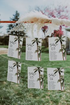 wedding seating cards hanging from a line with palm trees