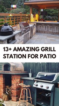 an outdoor kitchen with grill and seating area