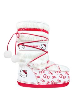 Hello Kitty snuggles her way into this comfy boot. The Blizz features a white vegan fur upper with printed vegan leather detailing. It also includes a red rubber outsole and white pom poms on the red laces. Hello Kitty Heels Dolls Kill, Chrustmas Shoes, Basketball Shoes Hello Kitty, Hello Kitty Build A Bear Clothes Uk, Styling Pink Moon Boots, Hello Kitty Ugg Boots, Hello Kitty Slippers Woman, Hello Kitty Bape Shoes., Hello Kity Bape Shoes