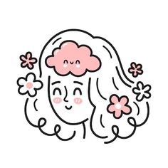 a drawing of a girl with flowers in her hair and the words happy on it