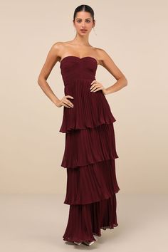 Seriously Sensational Plum Purple Strapless Tiered Maxi Dress Plum Bridesmaid, Purple Maxi Dress, Perfect Bridesmaid Dress, Maid Of Honour Dresses, Flirty Dresses, Adhesive Bra, Pleated Fabric, Tiered Maxi Dress, Plum Purple