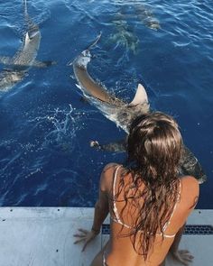 a girl looking at dolphins in the water