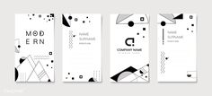 three vertical banners with black and white geometric shapes on the front, back and sides