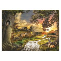 an image of a painting of animals in the woods by a cabin and stream at sunset