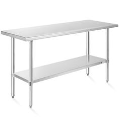 a stainless steel work table with two shelves on each side and one shelf below it