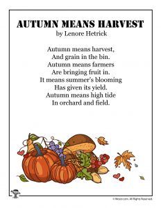 an autumn poem with pumpkins, leaves and other things in the bottom right corner