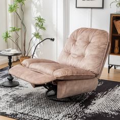 a living room with a chair and rug