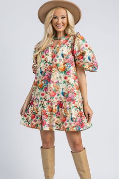 Peacock Floral Dress, Natural Summer Tiered Short Sleeve Dress With Ruffle Hem, Summer Tiered Dress With Ruffle Hem And Short Sleeves, Vacation Tiered Dress With Ruffle Hem And Flutter Sleeves, Spring Tiered Flutter Sleeve Dress With Ruffle Hem, Spring Tiered Dress With Ruffle Hem And Flutter Sleeves, Spring Puff Sleeve Dress With Ruffles, Ruffle Sleeve Tiered Dress For Vacation, Vacation Tiered Dress With Ruffle Details, Tiered Ruffle Sleeve Dress For Vacation