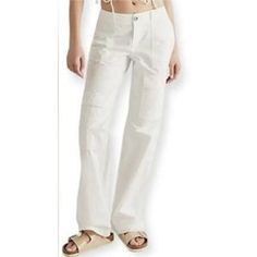 Straight Leg White Color 100% Cotton Size 10 Length: 41.5'', Inseam: 32'', Waist: 34'' New Without Price Tag, Tag String Still Attached B-4(25) V Mid-rise White Wide Leg Pants With Pockets, White Mid-rise Wide Leg Pants With Pockets, White Mid-rise Cotton Wide Leg Pants, White Mid-rise Wide Leg Cotton Pants, White Mid-rise Utility Pants, High Rise White Cargo Pants For Work, White Fitted Cargo Pants, Mid-rise White Cargo Pants, Fitted Full Length White Cargo Pants