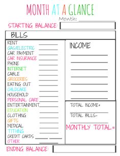 a balance sheet with the words'month at a glance'written in different colors