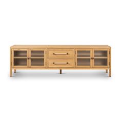 the sideboard is made out of wood and has glass doors on one side, and two