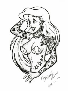 a drawing of a woman with tattoos on her body