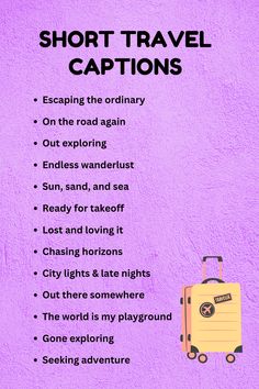 a purple background with the words short travel captions and an image of a yellow suitcase