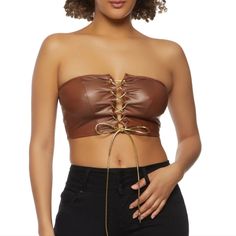 New Brown Faux Leather Sleeveless Strapless Crop Top With Gold Laces Size Large New With Tags Nwt Never Worn Wiso.7.3 Chic Brown Tube Top For Night Out, Strapless Brown Tube Top For Night Out, Chic Sleeveless Tube Top For Fall, Brown Strapless Crop Top, Spring Brown Sleeveless Tube Top, Fall Sleeveless Tube Top, T Shirt Knot, Black Leather Corset, Black Lace Shirt