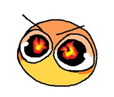 an orange and yellow face with two large, round eyes that are drawn to look like fireballs