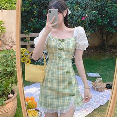 Size: S, Color: Green Custom Made Clothing, Best Version Of Yourself, Puff Sleeve Dress, Korean Dress, Puff Sleeve Dresses, Patchwork Dress, Puffed Sleeves Dress, One Piece Dress, One Piece For Women