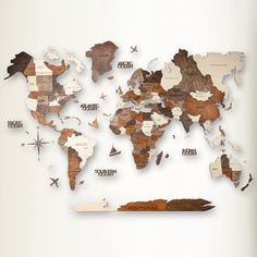 the world map is made up of wooden pieces