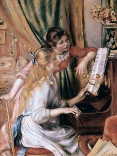 a painting of two women playing the piano