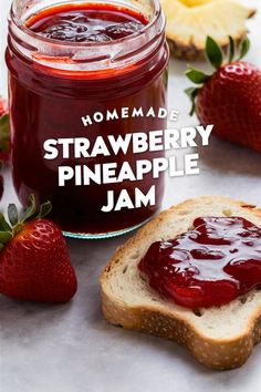 A jar of strawberry pineapple jam next to a piece of toast and jam, with overlay text "homemade strawberry pineapple jam," highlighting a delicious and easy jam recipe perfect for canning jams and healthy canning. Rhubarb Pineapple Jam, Jam Recipes Strawberry, Strawberry Pineapple Jam, Using Frozen Strawberries, Strawberry Canning, Canning Pineapple, Rhubarb Squares, Pineapple Jam Recipe, Pineapple Food