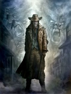 a painting of a man in a cowboy hat and coat with two monsters behind him