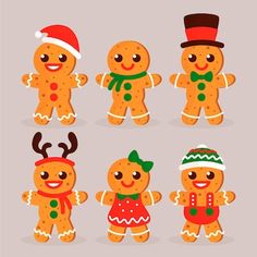 christmas gingers with hats and scarves are standing in different poses, all dressed up for the holiday season