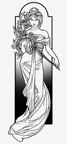 a black and white drawing of a woman holding flowers