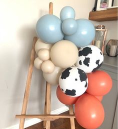 a bunch of balloons sitting on top of a wooden stand next to a wall with a cow print balloon