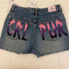 Custom Painted Girl Power Shorts Brand New Pink Letter Print Bottoms For Streetwear, Summer Denim Bottoms With Letter Print, Pink Y2k Denim Bottoms, Y2k Pink Denim Bottoms, Cute Pink Bottoms With Pockets, Y2k Pink Bottoms For Summer, Blue Cotton Y2k Shorts, Y2k Style Pink Bottoms For Summer, High Rise Pink Bottoms For Streetwear